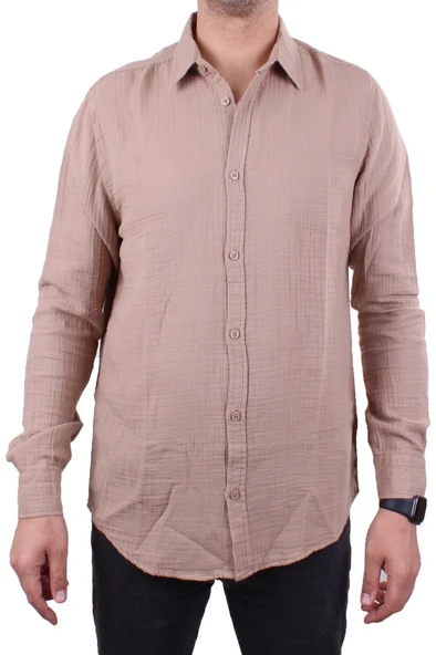 Dagoster DMG23-121362 Toprak Günlük Müslin Normal Kalıp Uzun Kol Erkek Gömlek - 2