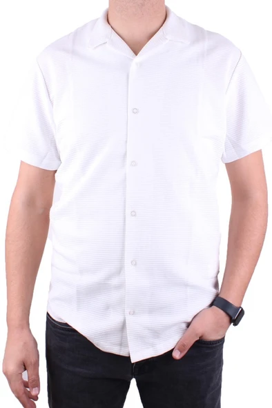 Dagoster DMG23-199598 Ekru Ottoman Örme Apaj Yaka Oversize Kalıp Kısa Kol Erkek Gömlek - 2