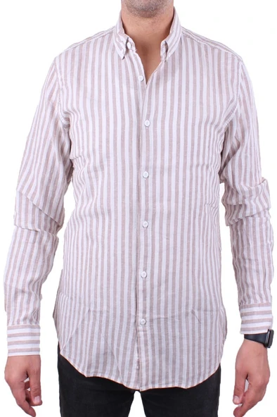 Twister 1905 Kahve Çizgili Uzun Kol Günlük Pamuk Karışımlı Keten Erkek Gömlek - 2