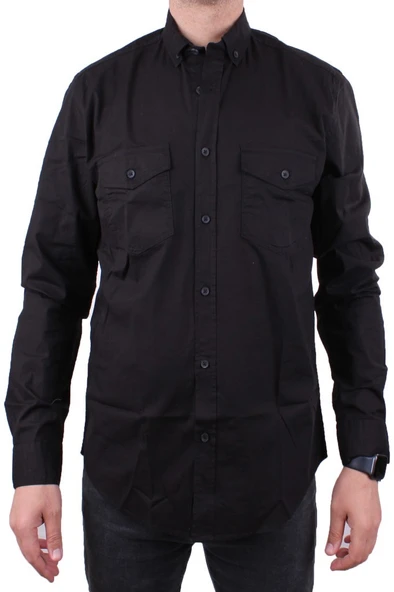 Dagoster DMG23-118783 Siyah Poplin Günlük Normal Kalıp Uzun Kol Erkek Gömlek - 2