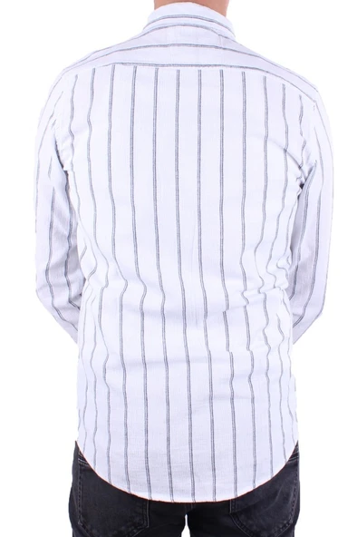 Dagoster DMG23-114098 Beyaz Lacivert Günlük Hasır Keten Normal Kalıp Uzun Kol Erkek Gömlek - 4