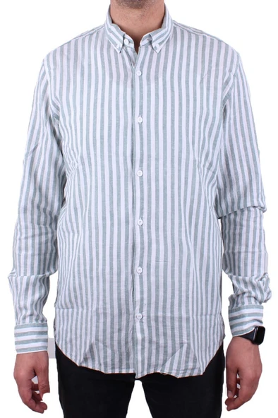 Twister 1905 Yeşil Çizgili Uzun Kol Günlük Pamuk Karışımlı Keten Erkek Gömlek - 2