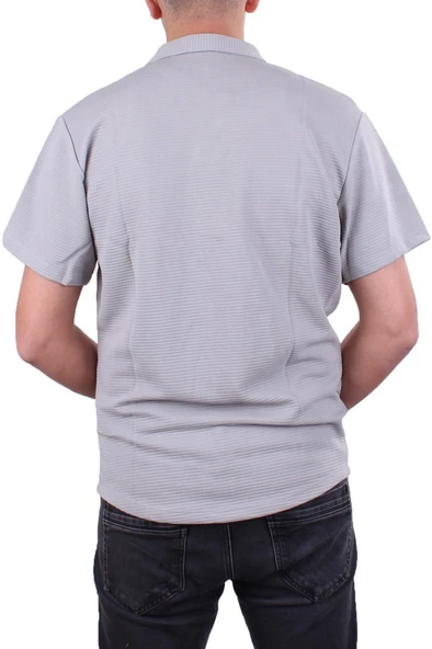 Dagoster DMG23-199598 Gri Ottoman Örme Apaj Yaka Oversize Kalıp Kısa Kol Erkek Gömlek - 4