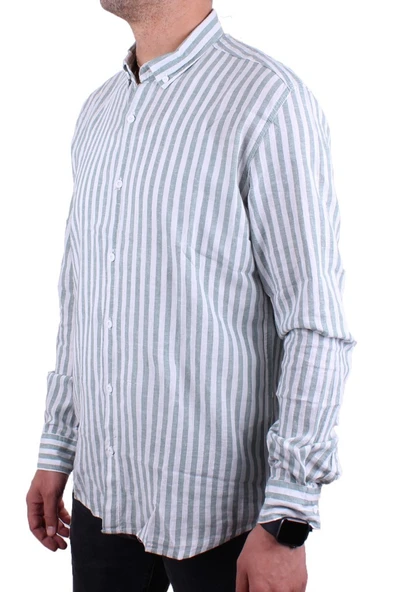 Twister 1905 Yeşil Çizgili Uzun Kol Günlük Pamuk Karışımlı Keten Erkek Gömlek - 3