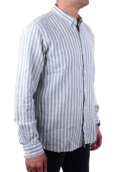 Twister 1905 Yeşil Çizgili Uzun Kol Günlük Pamuk Karışımlı Keten Erkek Gömlek