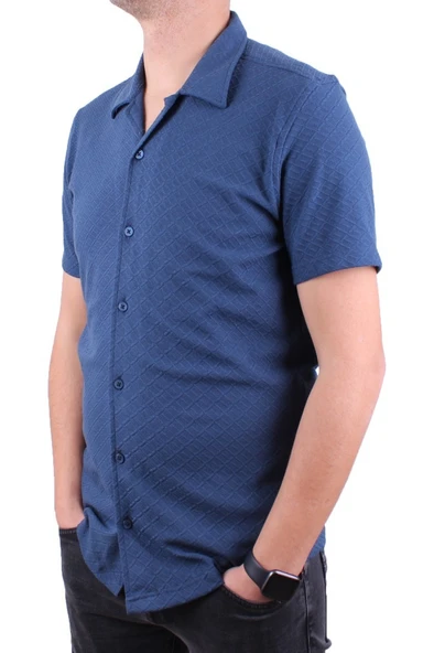 Dagoster DMG23-118381 İndigo Örme Apaj Yaka Dar Kalıp Kısa Kol Erkek Gömlek - 3