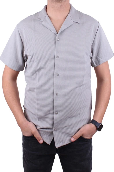 Dagoster DMG23-199598 Gri Ottoman Örme Apaj Yaka Oversize Kalıp Kısa Kol Erkek Gömlek - 2