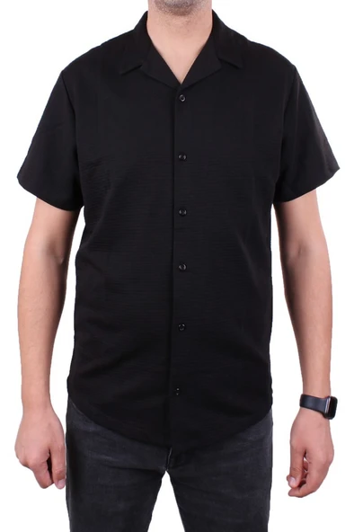 Dagoster DMG23-199598 Siyah Ottoman Örme Apaj Yaka Oversize Kalıp Kısa Kol Erkek Gömlek - 2