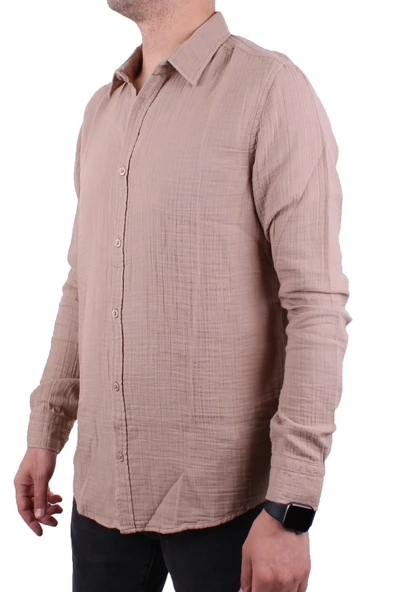 Dagoster DMG23-121362 Toprak Günlük Müslin Normal Kalıp Uzun Kol Erkek Gömlek - 3