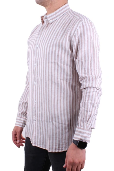 Twister 1905 Kahve Çizgili Uzun Kol Günlük Pamuk Karışımlı Keten Erkek Gömlek - 3