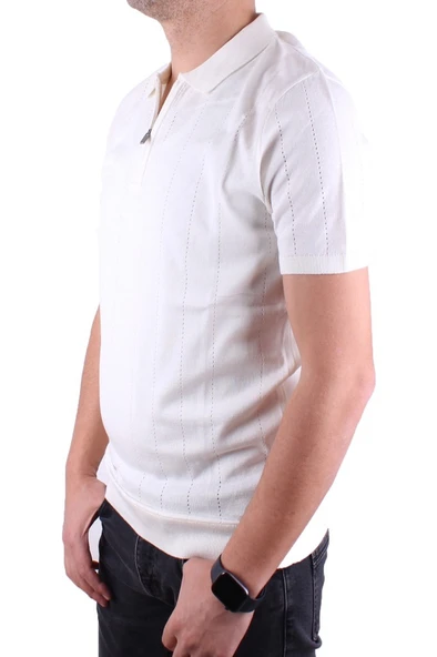 Dagoster DMG23-511228 Ekru Günlük Fermuarlı Polo Yaka Erkek Tişört - 3