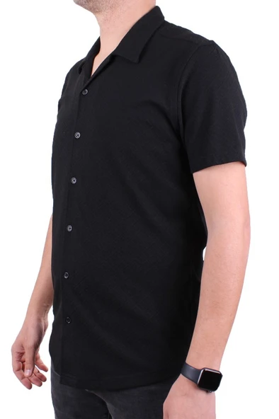Dagoster DMG23-118381 Siyah Örme Apaj Yaka Dar Kalıp Kısa Kol Erkek Gömlek - 3