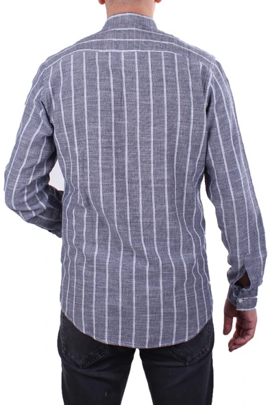 Dagoster DMG23-114098 Lacivert Beyaz Günlük Hasır Keten Normal Kalıp Uzun Kol Erkek Gömlek - 4