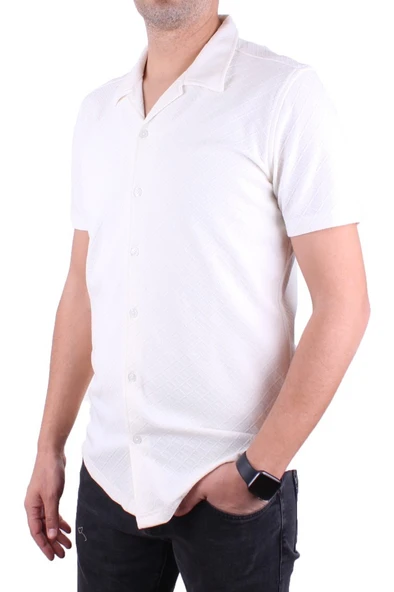 Dagoster DMG23-118381 Beyaz Örme Apaj Yaka Dar Kalıp Kısa Kol Erkek Gömlek - 3