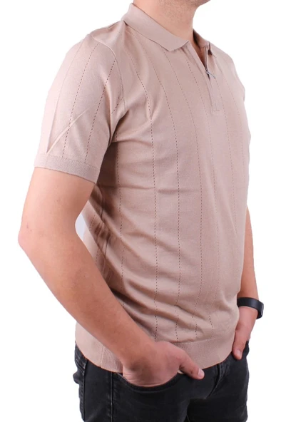 Dagoster DMG23-511228 Bej Günlük Fermuarlı Polo Yaka Erkek Tişört
