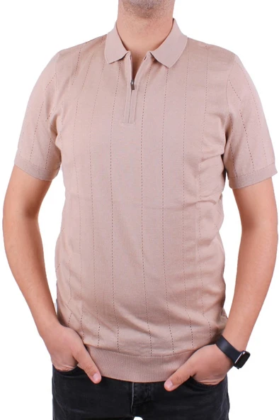 Dagoster DMG23-511228 Bej Günlük Fermuarlı Polo Yaka Erkek Tişört - 2