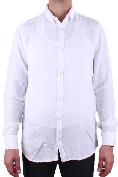 Dagoster DMG23-121362 Beyaz Günlük Müslin Normal Kalıp Uzun Kol Erkek Gömlek - 2