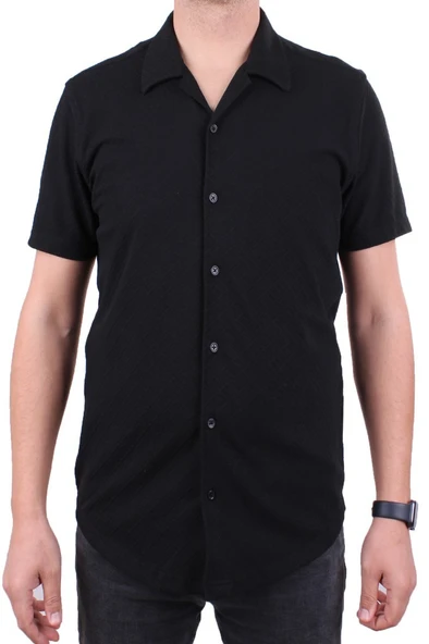 Dagoster DMG23-118381 Siyah Örme Apaj Yaka Dar Kalıp Kısa Kol Erkek Gömlek - 2