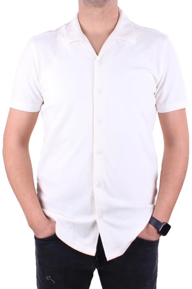 Dagoster DMG23-118381 Beyaz Örme Apaj Yaka Dar Kalıp Kısa Kol Erkek Gömlek - 2