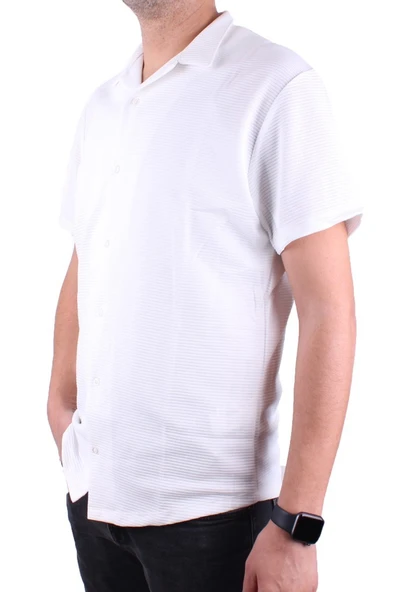 Dagoster DMG23-199598 Ekru Ottoman Örme Apaj Yaka Oversize Kalıp Kısa Kol Erkek Gömlek - 3