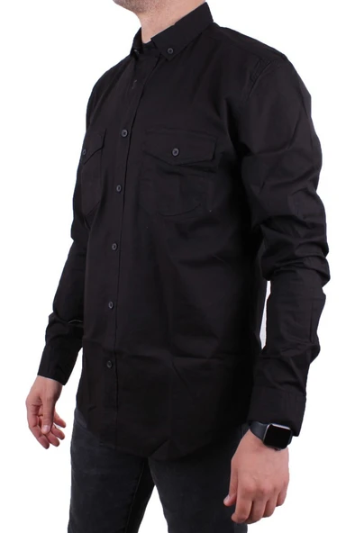 Dagoster DMG23-118783 Siyah Poplin Günlük Normal Kalıp Uzun Kol Erkek Gömlek - 3