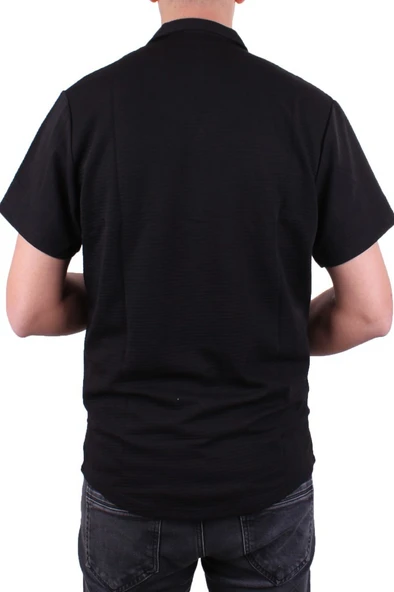 Dagoster DMG23-199598 Siyah Ottoman Örme Apaj Yaka Oversize Kalıp Kısa Kol Erkek Gömlek - 4