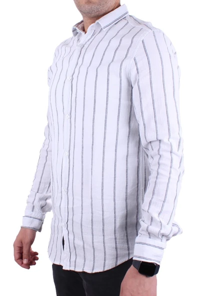 Dagoster DMG23-114098 Beyaz Lacivert Günlük Hasır Keten Normal Kalıp Uzun Kol Erkek Gömlek - 3