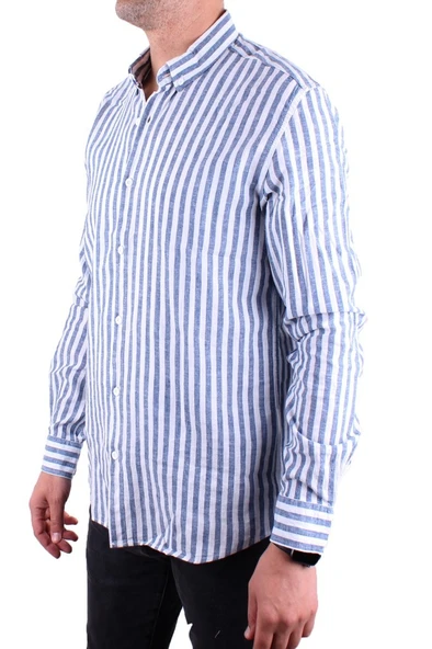 Twister 1905 Lacivert Çizgili Uzun Kol Günlük Pamuk Karışımlı Keten Erkek Gömlek - 3