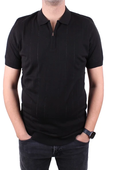 Dagoster DMG23-511228 Siyah Günlük Fermuarlı Polo Yaka Erkek Tişört - 2