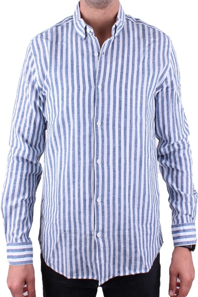 Twister 1905 Lacivert Çizgili Uzun Kol Günlük Pamuk Karışımlı Keten Erkek Gömlek - 2