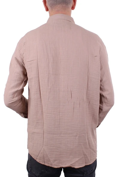 Dagoster DMG23-121362 Toprak Günlük Müslin Normal Kalıp Uzun Kol Erkek Gömlek - 4