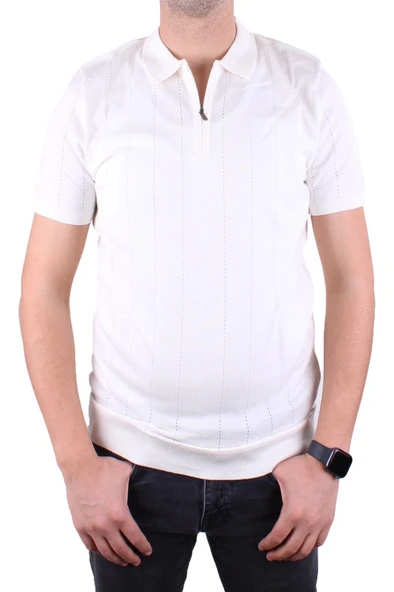 Dagoster DMG23-511228 Ekru Günlük Fermuarlı Polo Yaka Erkek Tişört - 2