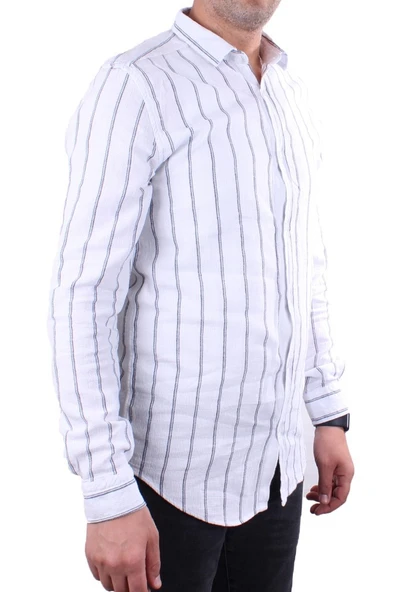 Dagoster DMG23-114098 Beyaz Lacivert Günlük Hasır Keten Normal Kalıp Uzun Kol Erkek Gömlek