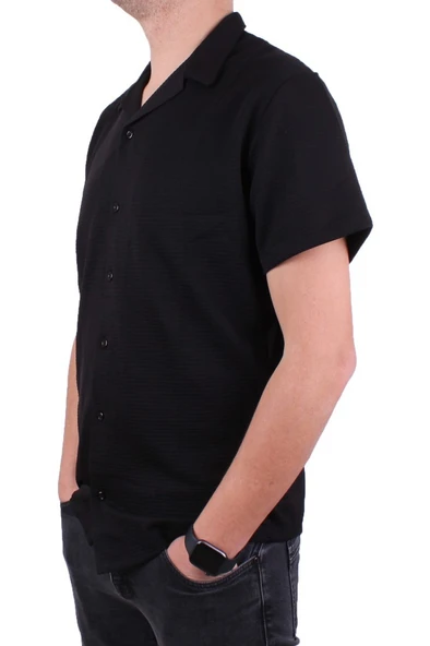 Dagoster DMG23-199598 Siyah Ottoman Örme Apaj Yaka Oversize Kalıp Kısa Kol Erkek Gömlek - 3