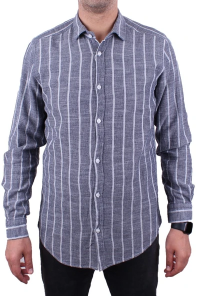 Dagoster DMG23-114098 Lacivert Beyaz Günlük Hasır Keten Normal Kalıp Uzun Kol Erkek Gömlek - 2