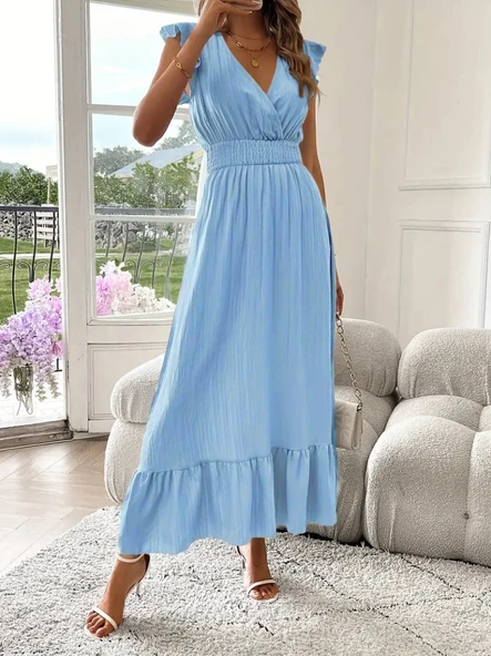 Lucky Life Kadın Kısa Kollu Kruvaze Yakalı Lucky Life Kadın Beli Lastikli Müslim Elbise - Resim 4