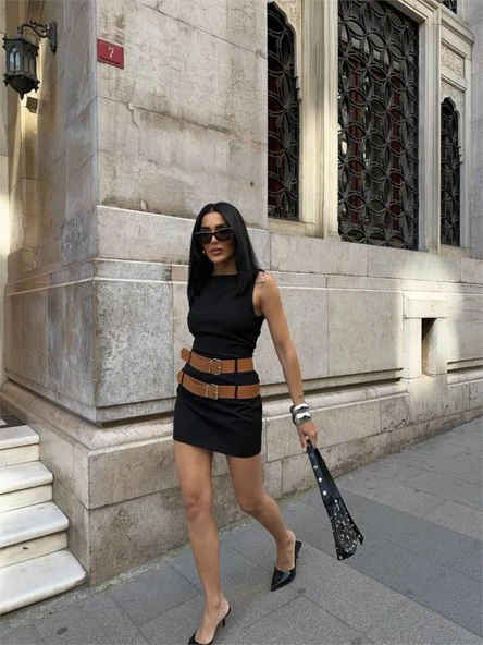 POLYVİSCON ÇİFT KEMER DETAYLI ELBİSE - Siyah - Resim 4