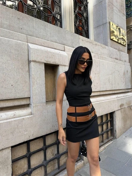 POLYVİSCON ÇİFT KEMER DETAYLI ELBİSE - Siyah - Resim 3