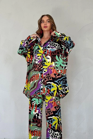 Kahverengi Dijital Desenli Gömlek Ve Pantolon Takım