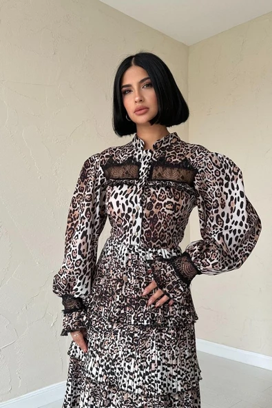 Leopar Pilise Detaylı Lastikli Elbise