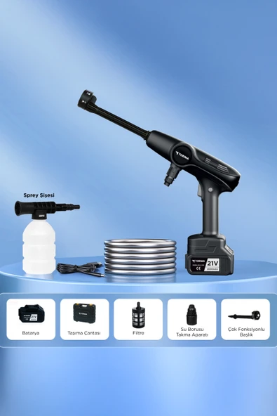 Torima D-015 Siyah Akülü Şarjlı Yüksek Basınçlı Oto Araba Bahçe Yıkama,Temizleme Su Tabancası - Resim 2