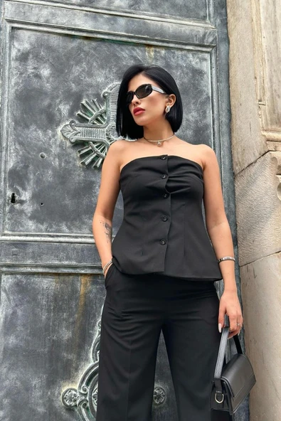 Siyah Straplez Düğmeli Crop Ve Pantolon Takım