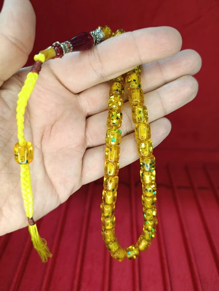ÇUBUK KEHRİBAR TESBİH SİMLİ NECEF KAPSÜL KESİM SARI 10MMX8,5MM T-812 - 3