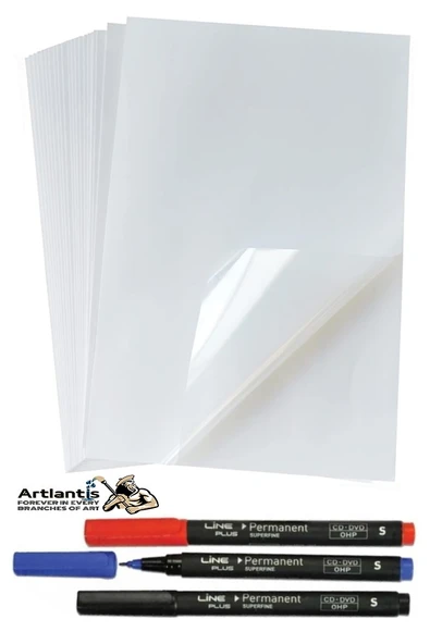 A3 Asetat Kağıdı 25 Adet Pvc ve Asetat Kalemi S Siyah Mavi Kırmızı 1 Paket Fotokopi Asetatı Şeffaf Transparan 100 Mikron