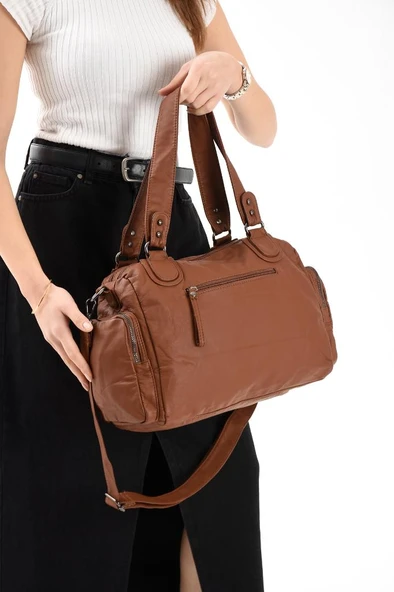 Y.S.Deri Kadın Omuz Çantası 2 Ana Bölme Çapraz Askılı Bayan Postacı Çantası 30*22 Cm Vegan Deri - 8