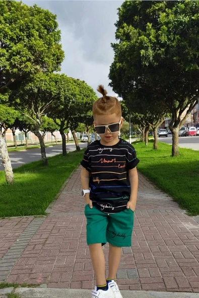 My Dady Yazı Desenli Yeşil Renk Erkek Çocuk Şortlu Takım - 2