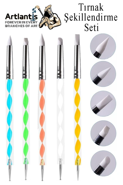 Silikon Tırnak Şekillendirme Kalemi 5 li 1 Paket Nail Art Metal Başlıklı Tırnak Süsleme Kalemi Nokta Boyama Modelleme - 2