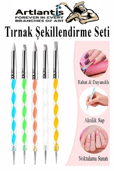 Silikon Tırnak Şekillendirme Kalemi 5 li 1 Paket Nail Art Metal Başlıklı Tırnak Süsleme Kalemi Nokta Boyama Modelleme