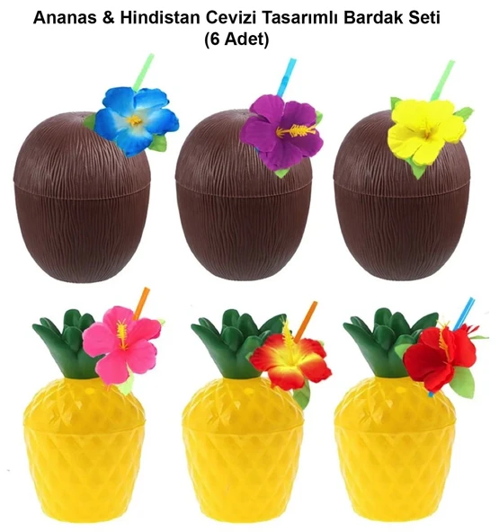 Ananas  Hindistan Cevizi Tasarımlı Pipetli Bardak Seti (6 Adet)