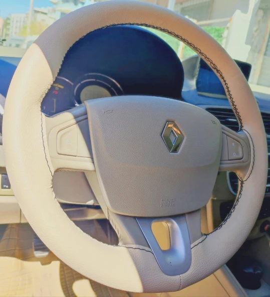 DİKİŞLİ DİREKSİYON KILIFI BEJ DERİ SİYAH DİKİŞLİ RENAULT FLUENCE İÇİN ürün görseli